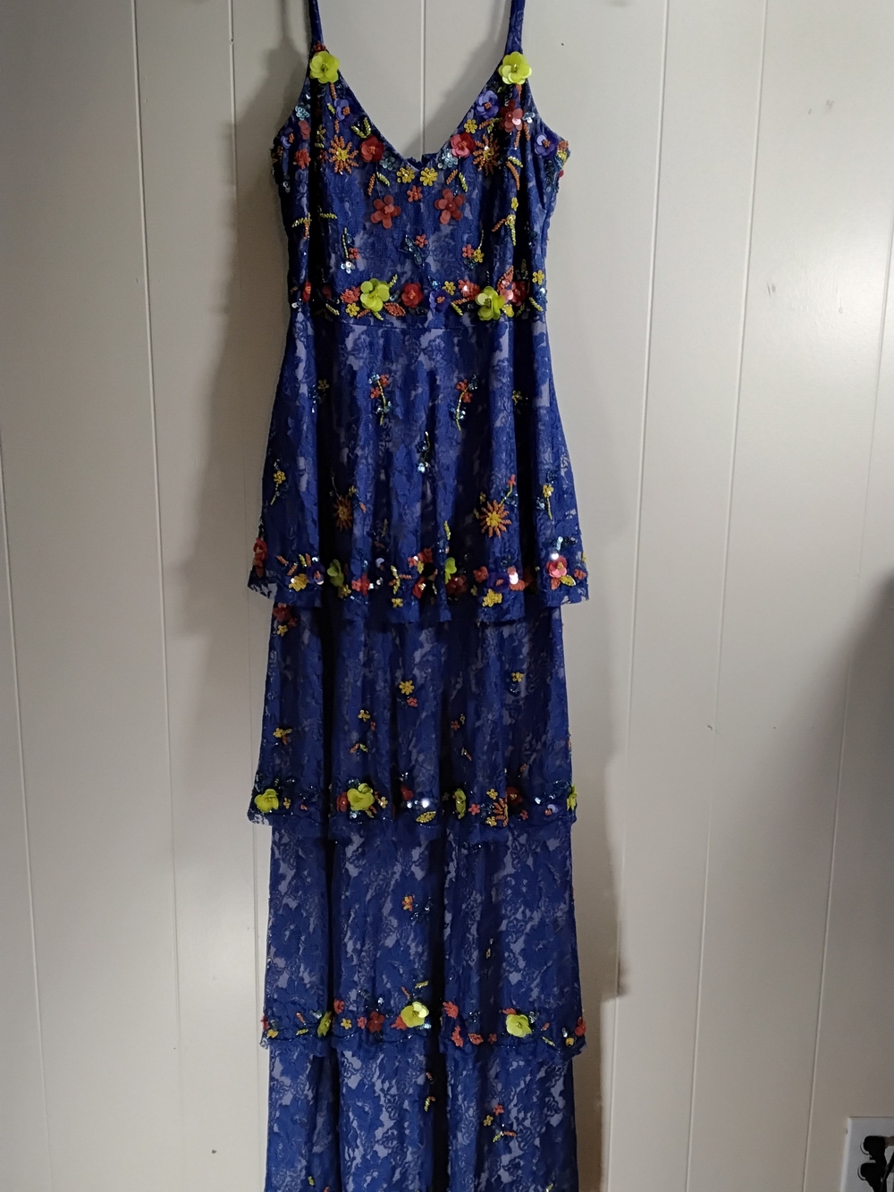 Gianni Bini Blue Floral Tiered Lace Maxi Dress With 4D Flowers - Picture 6 of 7